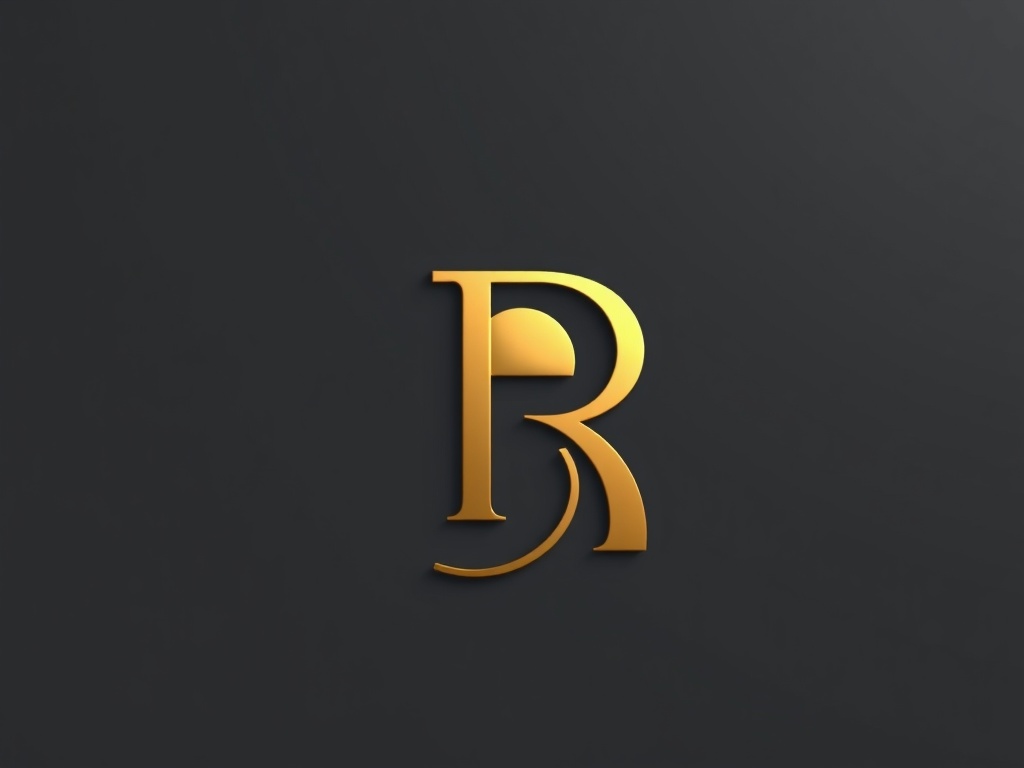 A minimalist golden emblem featuring a stylized 'R' intertwined with a subtle rising sun, on a dark grey background. High gloss metallic finish, photorealistic render, 8k.